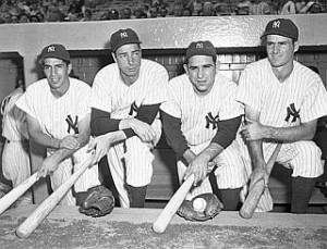 L to R: Phil Rizzuto, Joe DiMaggio, Yogi Berra, and Jerry Coleman